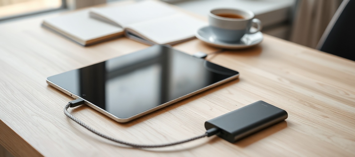 Tablet plat op een licht houten bureau met een korte gevlochten usb-c-kabel naar een slanke zwarte powerbank ernaast, notitieboek en koffie op de achtergrond