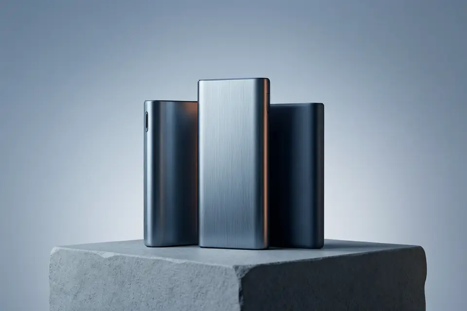 Selectie van moderne powerbanks in een donkere editorial setting