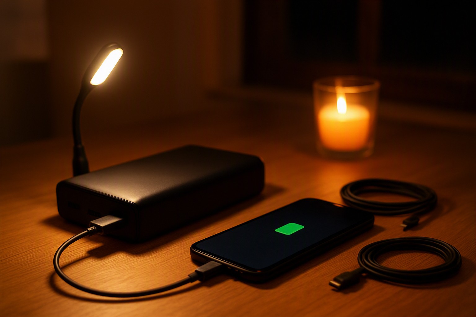 Powerbank die bij kaarslicht een smartphone oplaadt, met een usb-leeslampje en twee opgerolde kabels op tafel